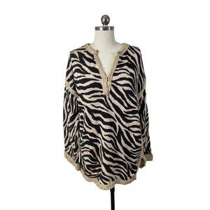 Michael Kors Womens Sweater 1X Brown Animal Print Macrame Long Sleeve Boho